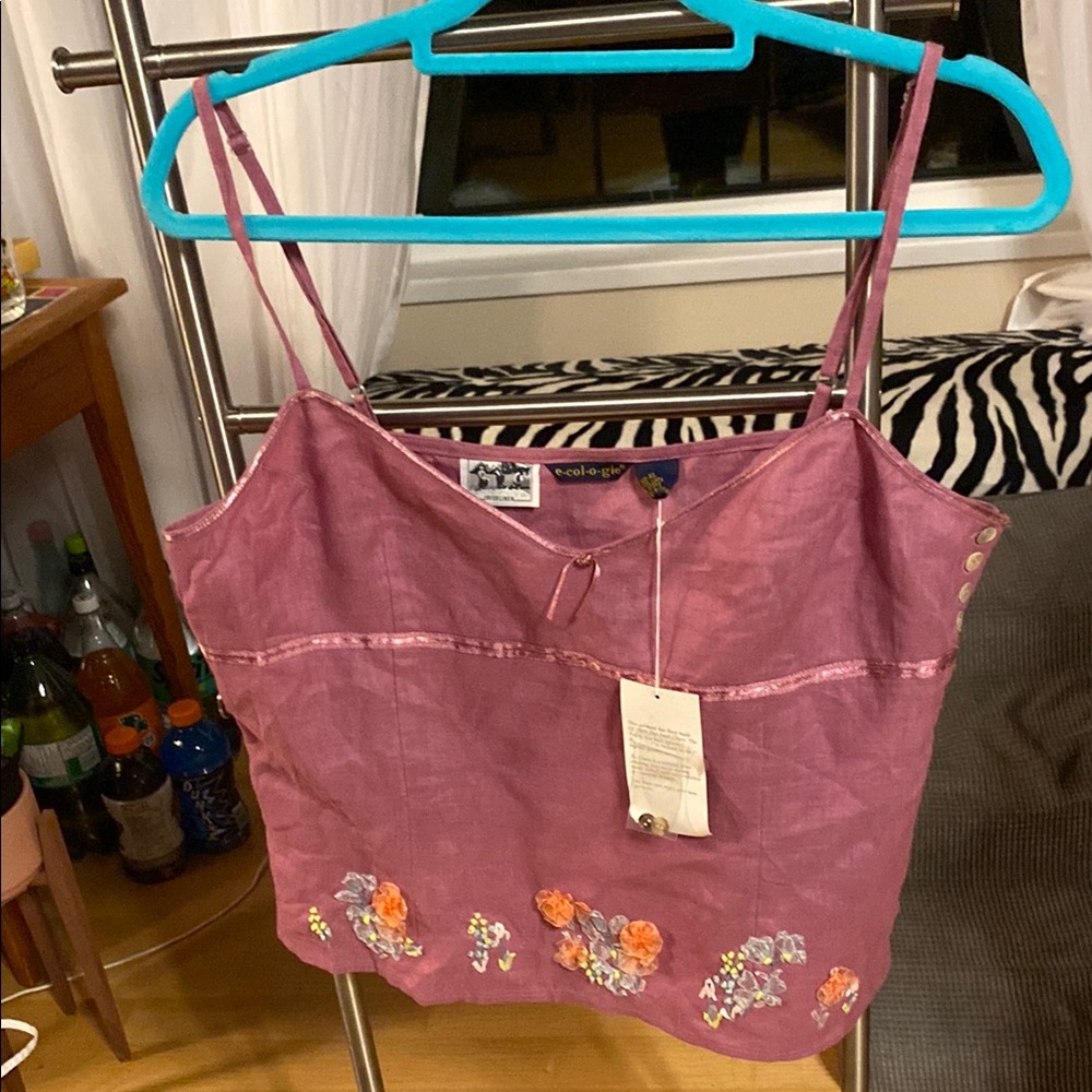 Pink linen Embellished Crop Camisole
